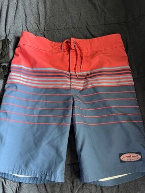 Vineyard Vines Salmon and Blue Striped Kids Swim Trunks